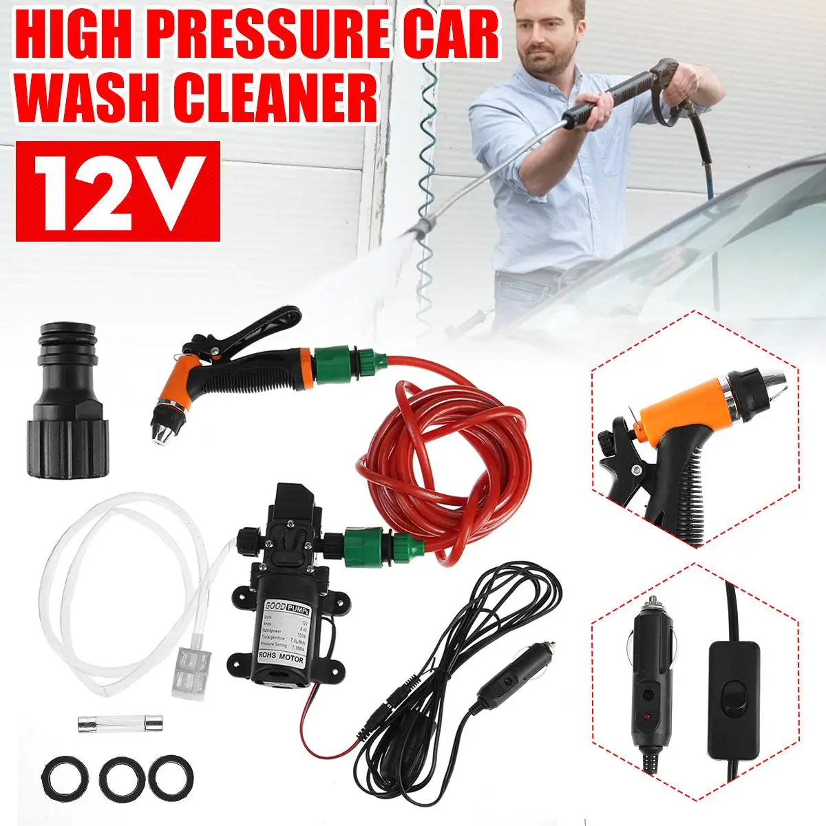 

Car Washer 12V High Power Electric Car Wash Cleaning Machine Portable Car Washing Pump Nozzle Cleaning Kit for Home Car Garden