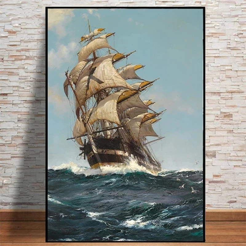 

Sailing Ship Seascape Canvas Decorative Painting Sailboat Blue Sea Landscape Wall Art Poster for Living Room Home Design