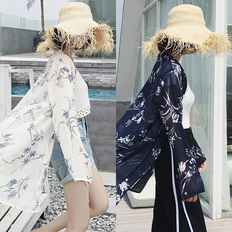 

Summer New Floral Chiffon Shirt Sun Protection Cardigan Coat Korean Beach Vacation Style Ultra Thin Jacket 2019