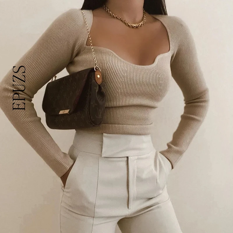 

Зимний Элегантный вязаный свитер, женские топы, черный пуловер с квадратным воротником, повседневный вязаный Топ с длинным рукавом