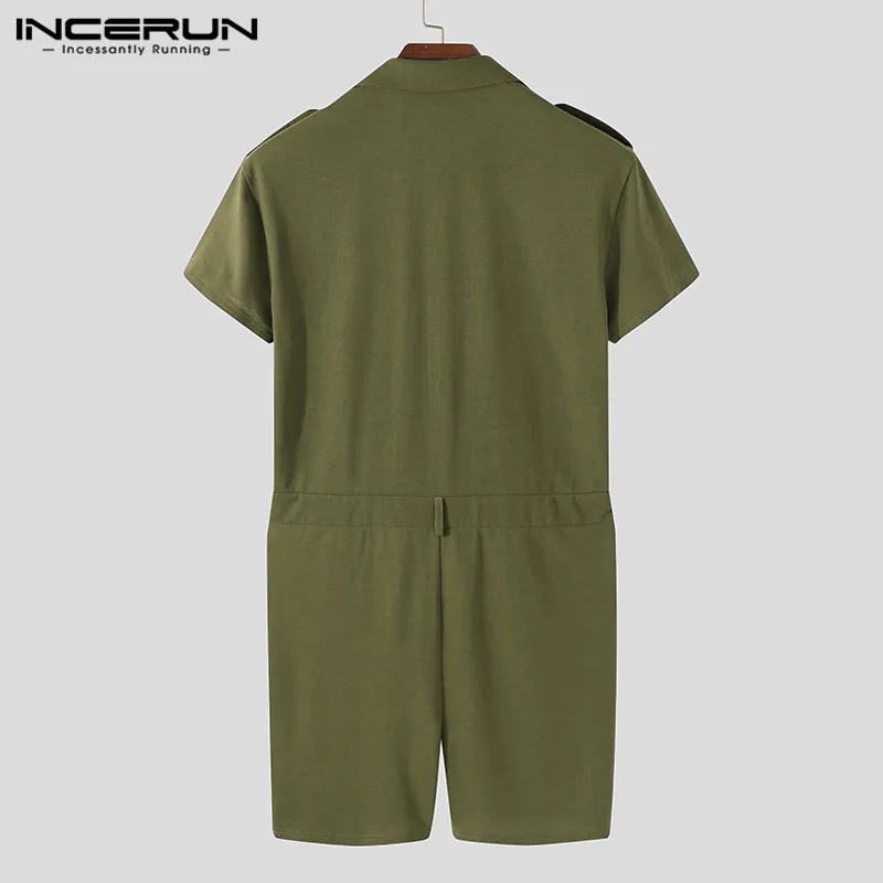 

Men Jumpsuits Leisure Solid Color Rompers INCERUN Short Sleeve Lapel Neck Tops Zipper Shorts Joggers Man Pockets Cargo Overalls