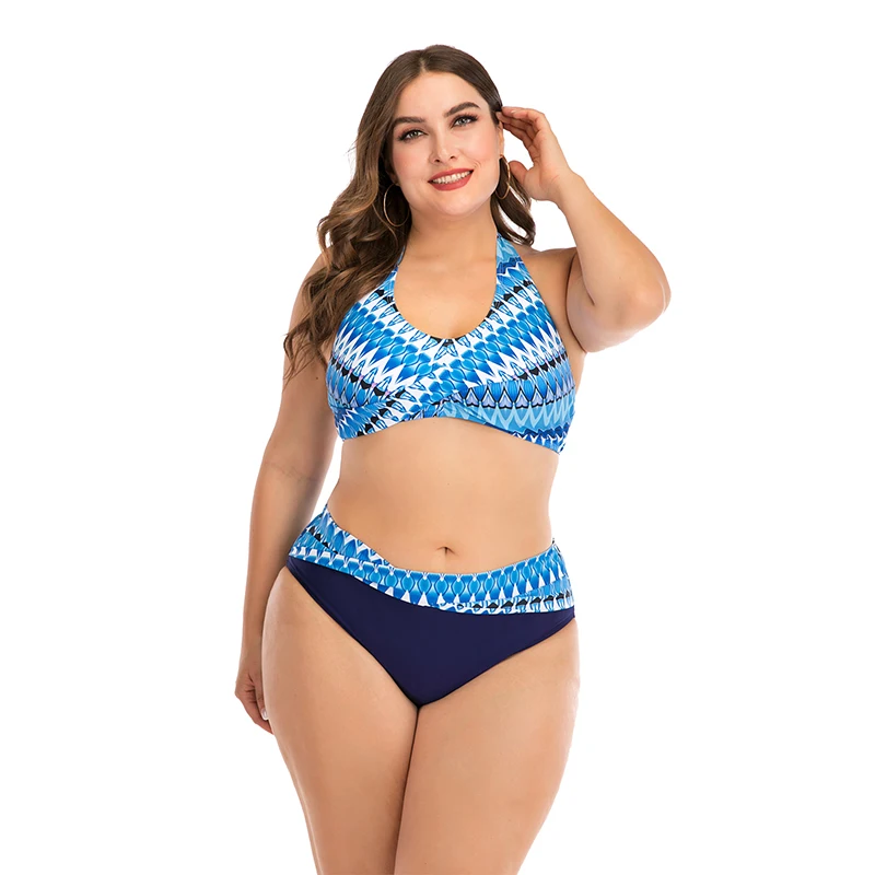 Синий купальник с открытыми плечами геометрическим принтом женский мягкой