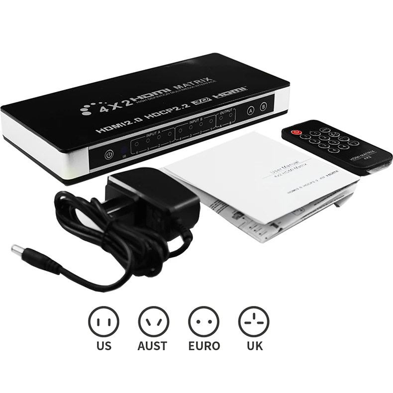 HDMI 2,0 Matrix 4X2 4K 60hz HDR HDCP 2,2 HDMI matrix 4 in 2 out Switcher splitter box с toslink цифровым аудио и стерео аудио