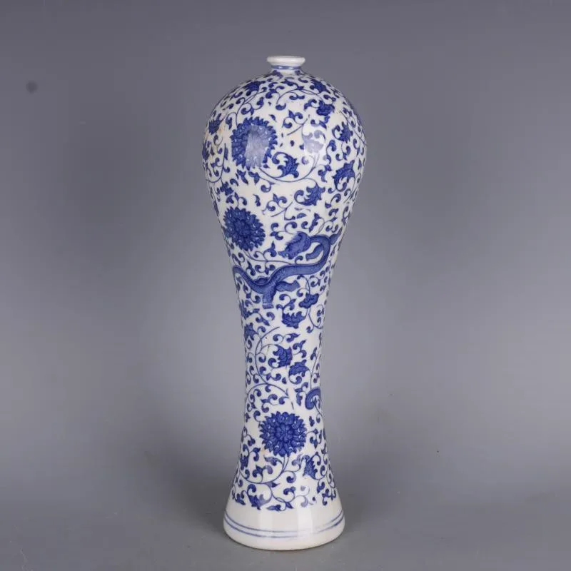 Китайские старые синие и белые фарфоровые украшения ваза с маленьким ртом