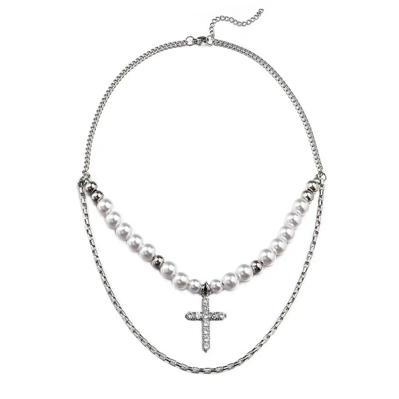 

Fashion cross pearl Pendant Necklace Men Trendy Simple Stainless Steel Chain Necklaces Jewelry Gift