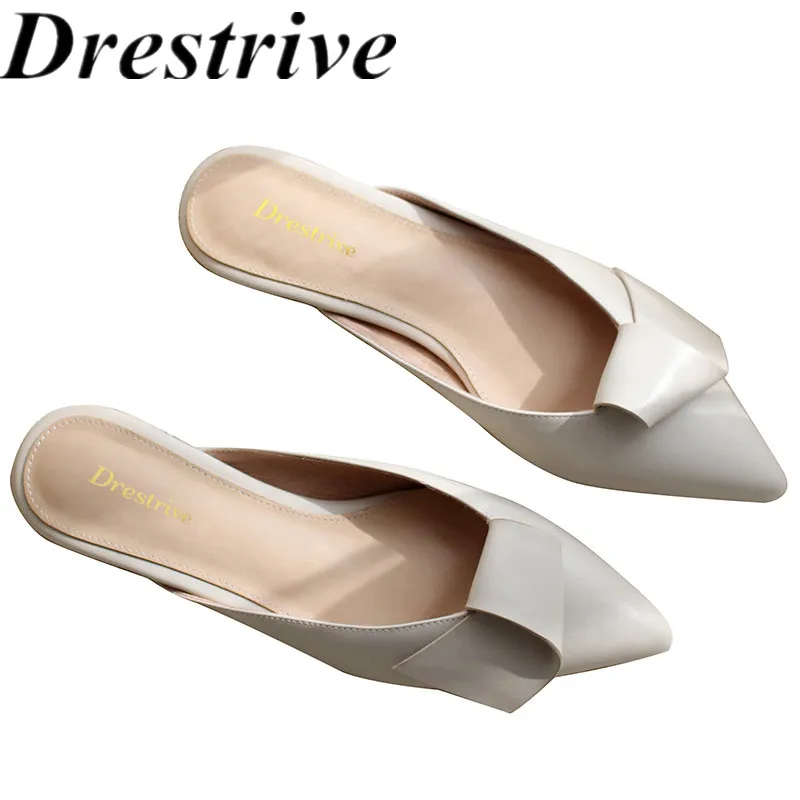 

Drestrive Women Slippers Pointed Toe Outside Low Heels 2021 Summer New Arrival Cow Leather Beige Casual Shoes Flats Mules