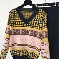 Ladies two-piece knitted bottoming shirt long-sleeved autumn and winter new fashion diamond retro pullover loose outer sweater
