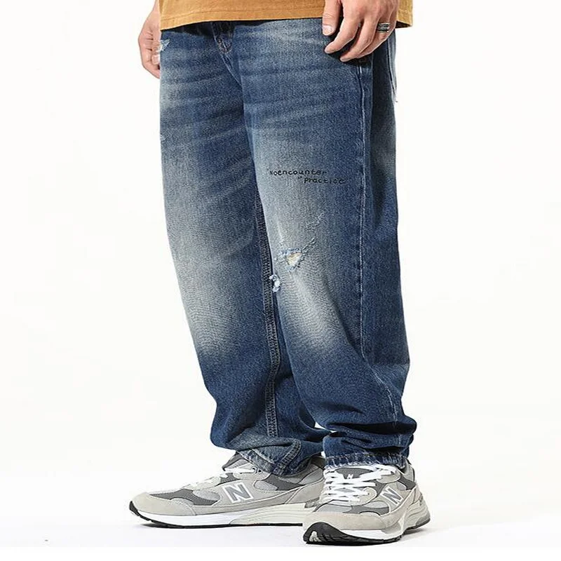 Casual Ripped Ankle-Length Jeans Men's Straight Denim Pants Jeans Men's Loose Wide-Leg Retro Classic Men Jeans