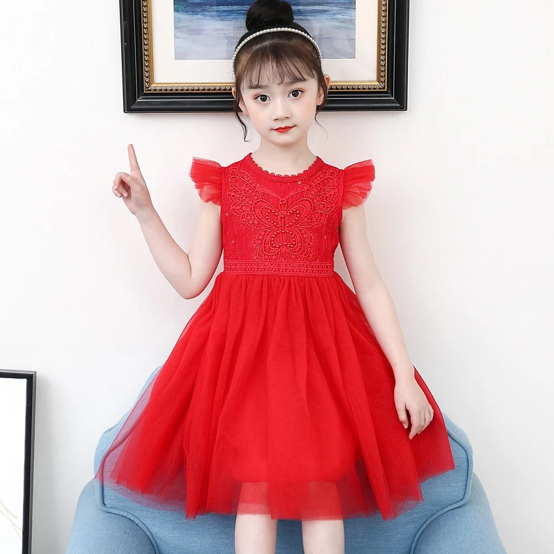 

Girls Butterfly Embroidery Lace Dress Elegant Beading Sleeveless Summer Dresses Party Bridesmaids Gown Ceremonial Robe White Red