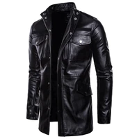 2021 brand mens jacket new foreign trade medium long leather jacket cross border collar four pocket motorcycle leather jacket