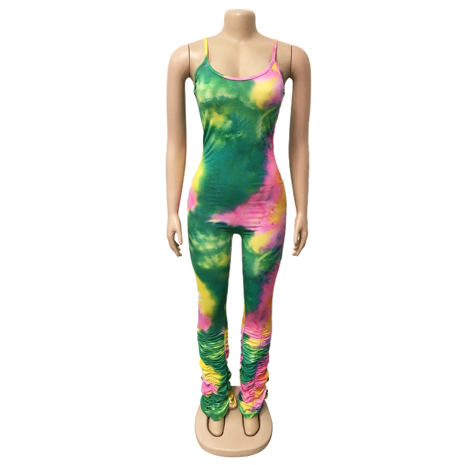 

Women's long tie dye printed jumpsuit, U-neck spaghetti strap pleated jumpsuit quick-drying summer casual bodysuit