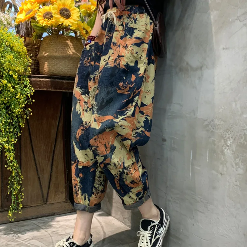 

LIMINDSPCXQQ Spring 2021 Trousers Women Printing Vintage Loose Jeans Ladies Elastic Waist Denim Pants Contrast Color Pantalons