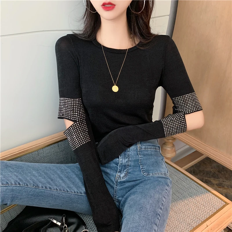 

T Shirts Women Camiseta Feminina Black Hollow Out Diamonds Tees Slim Fashion Brand New Autumn Style Casual O-neck Ladies Tops