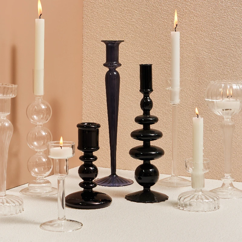 Candelabros transparentes, soporte de vela de vidrio negro, decoraciones para el hogar, adornos, decoración de boda