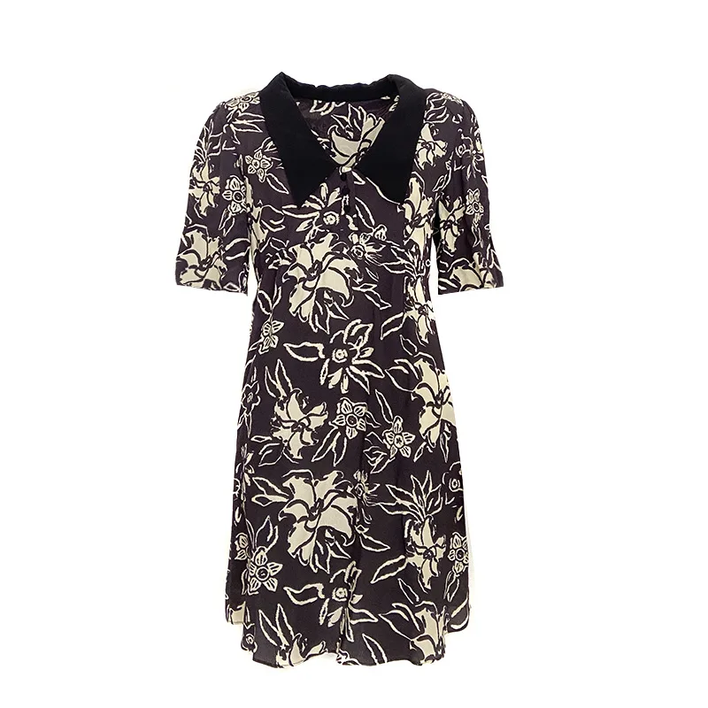 

Spring/Summer 2021 New Product Large Flower Print Loose Version Dress French Lapel Short Dress Women