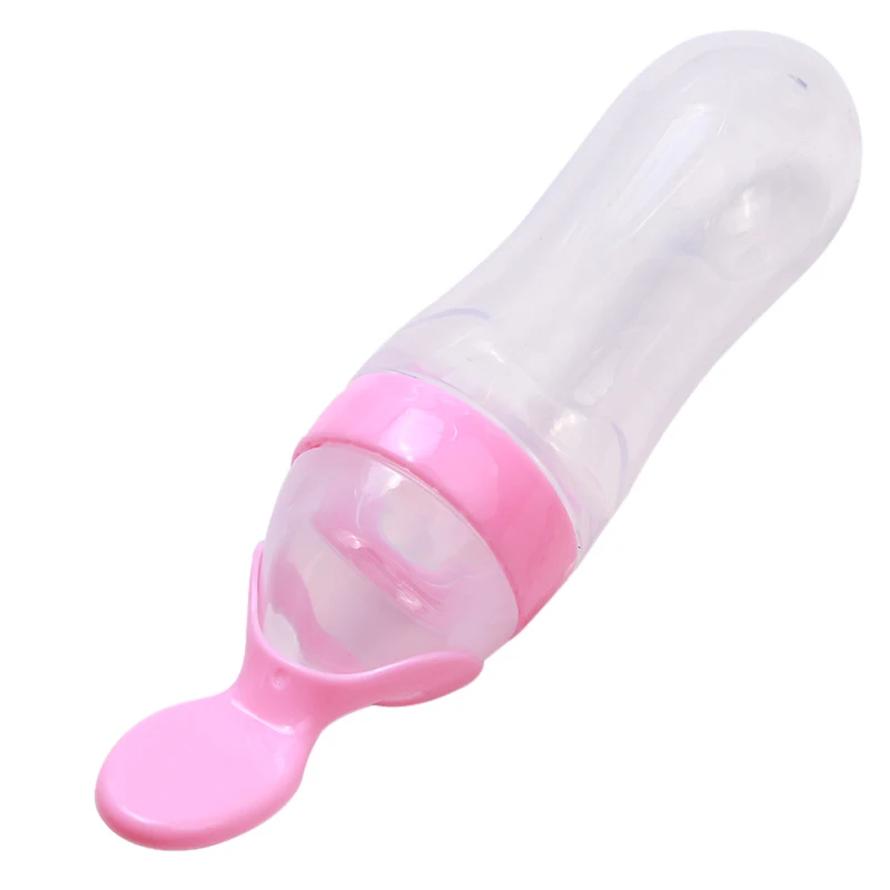 

Silicone Baby Feeding Bottle With Spoon Food Supplement Rice Cereal Bottle Baby Squeeze Spoon Silica Gel Spoon 90ml LA872655