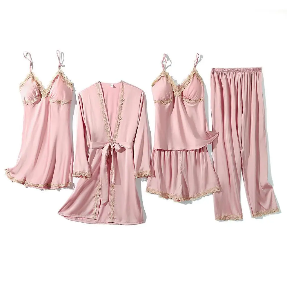 

Women Pajamas Set 5PCS Sleepwear Faux Silk Kimono Bathrobe Gown Pyjama Pour Femme Sexy Pjs Trouser Suits Lace Nightwear With Bra