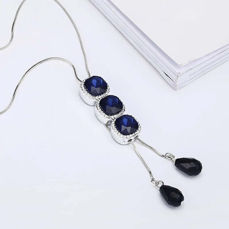 F&ampU colar Crystal Three Circles Blue Pendant Long Necklace Female Winter Sweater Chain All-match Accessories Fashion For Women |