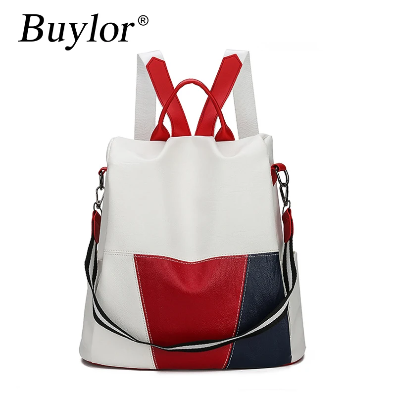 

Buylor PU Leather Women Backpack Hit Color Casual Outdoor Anti-Theft Travel Backpack Large Capacity Schoolbag for Teenage Girls