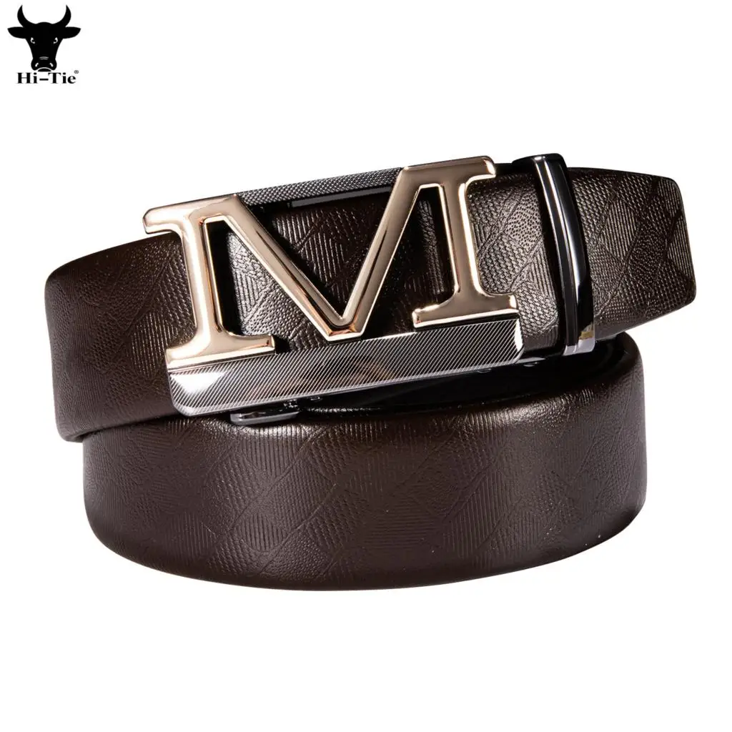 Designer Brown Cowhide Leather Mens Belts M Letter Automatic Buckles Ratchet Waistband Belt for Men Dress Jeans Casual Formal XL