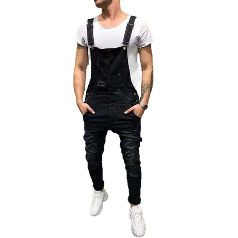 

Men's retro style worn out jeans jumpsuit high street men's suspender code S-3X is made from old denim bib overalls