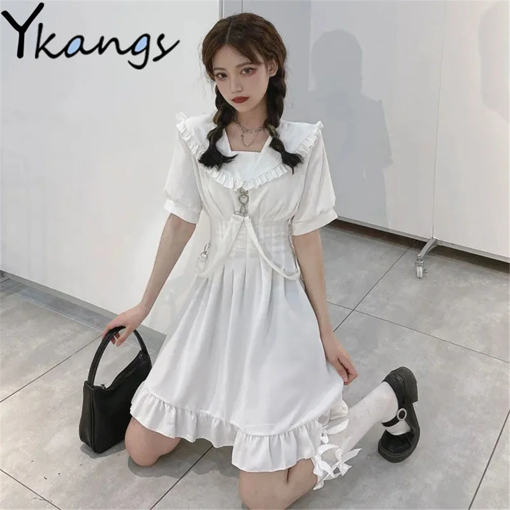 

Женское винтажное платье с коротким рукавом, готическое однотонное элегантное платье большого размера с коротким рукавом и оборками в япон...