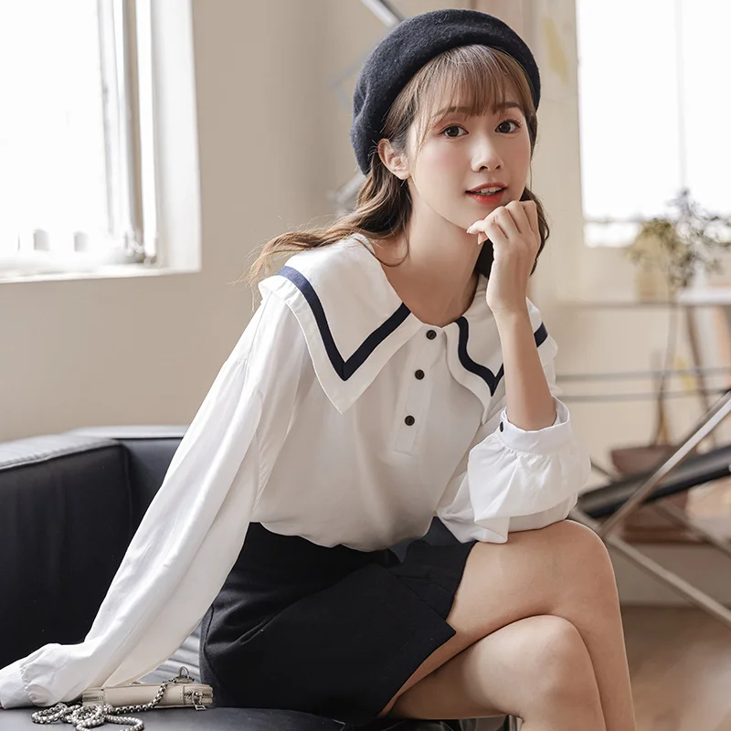 

Футболка женская оверсайз с милым воротником, белый шикарный топ с французскими пышными рукавами на раннюю осень, 2021