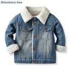 Джинсовая куртка с меховым воротником для маленьких мальчиков и девочек, Повседневная модная теплая верхняя одежда из денима, утепленная детская одежда из денима
