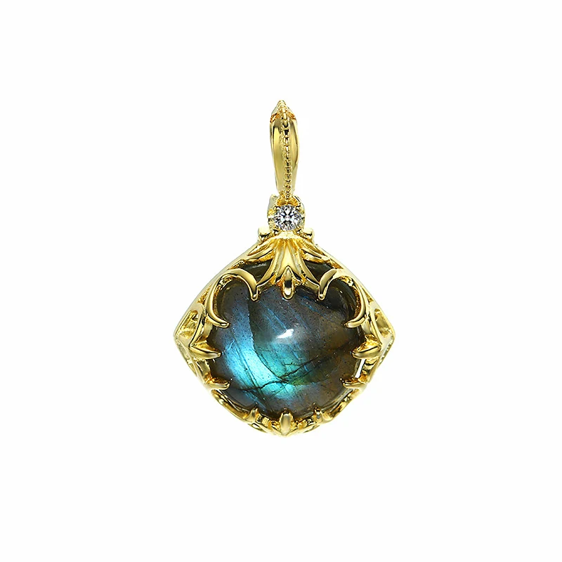 Blue Labradorite Двустороннее ожерелье в стиле ретро с ромбовидным камнем, винтажные подвески из голубого лабрадорита 925 пробы серебра с 14K позолоченным кулоном - Цвет камня: Blue Labradorite
