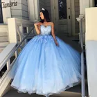 Милое платье для выпускного вечера 16, милое, с 3d-аппликацией, небесно-голубое Тюлевое платье Quinceanera, Длинные вечерние наряды