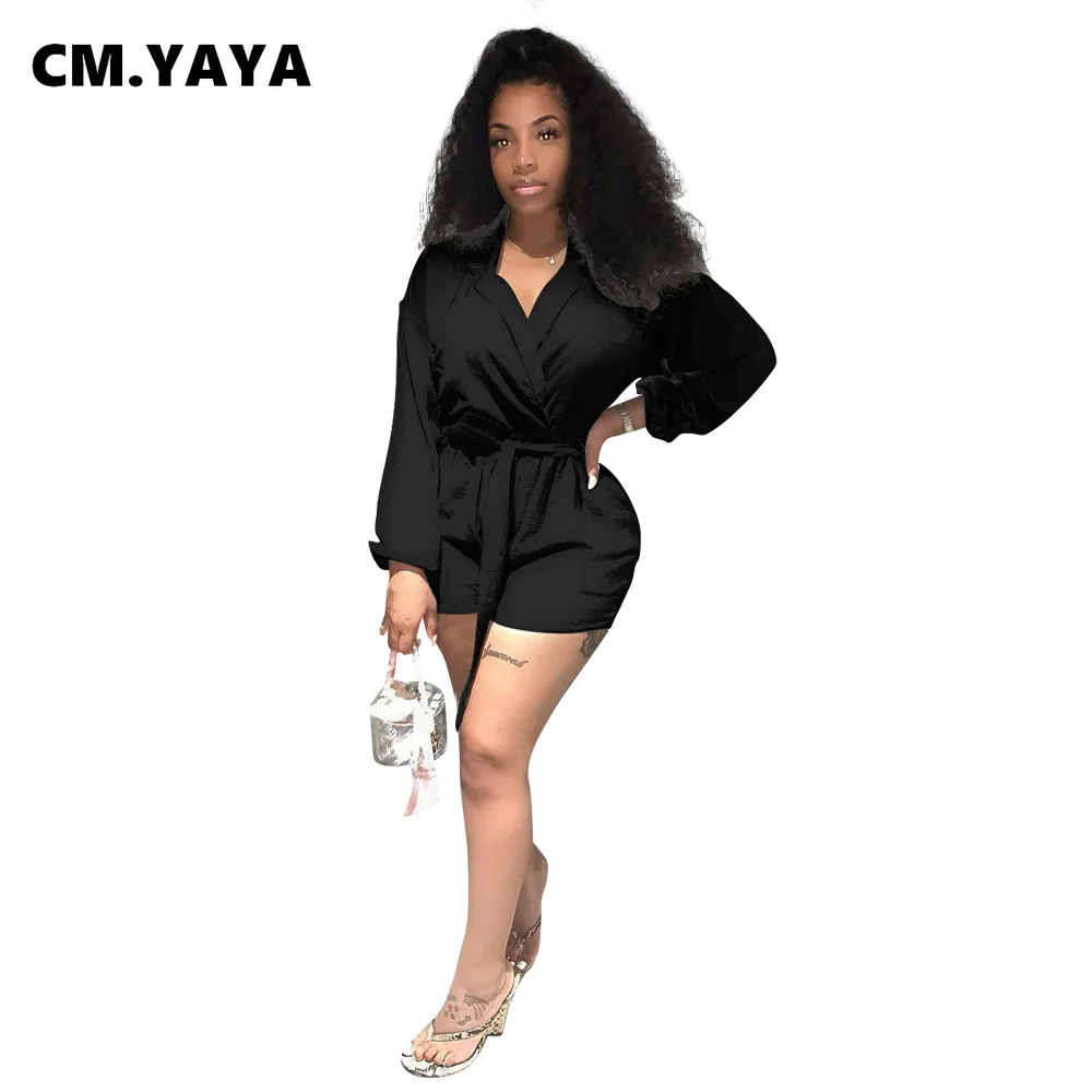 

Женский комбинезон с поясом CM.YAYA, однотонный повседневный комбинезон с длинными рукавами и отложным воротником, лето 2021