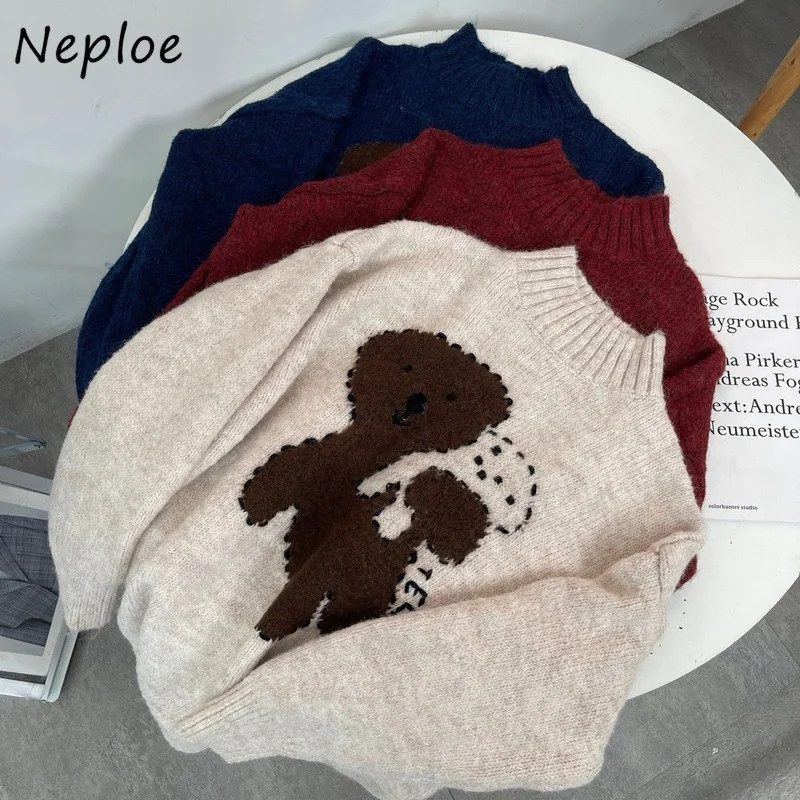 

Cartoon Bear Jacquard Sweater Thicken Soft Knitted Pullover Tops Mujer 2021 Autumn Winter New Loose Long Sleeve Sweaters