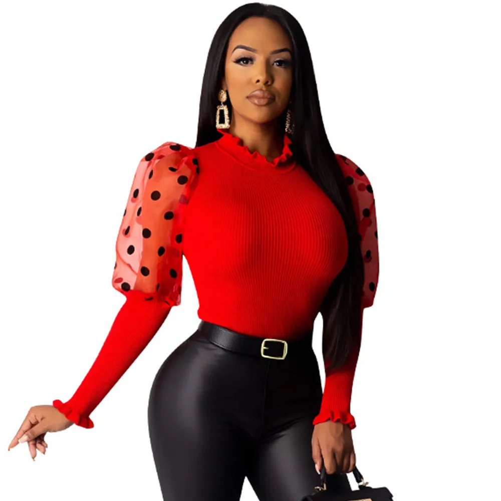 Прозрачная сетчатая блузка с пышными рукавами для женщин 2020 элегантные