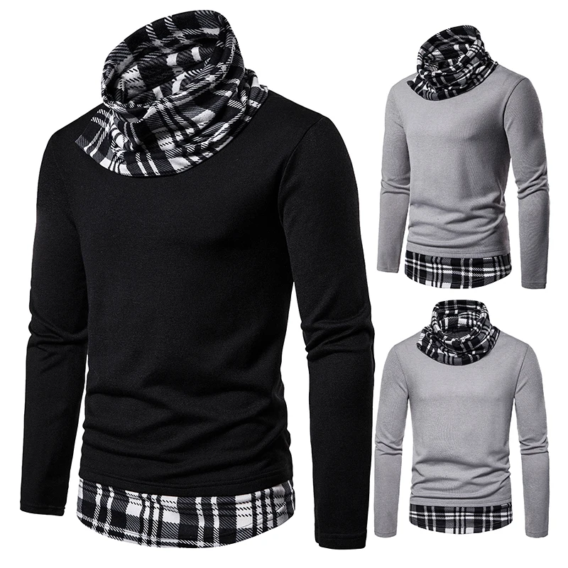 Мужской свитер с воротником хомутом большой клетчатый мужской вязаный из двух