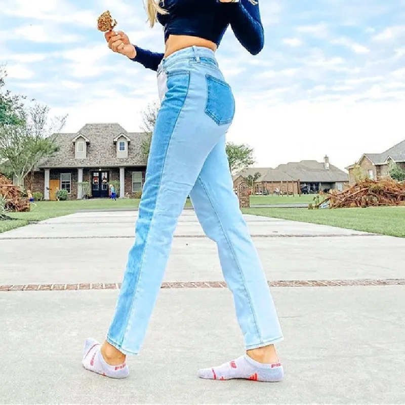 

Color Block Patchwork Straight Jeans Mid Waist Casual Fitting Style Trousers Women Ladies Daily Wear Wild Denim Pants