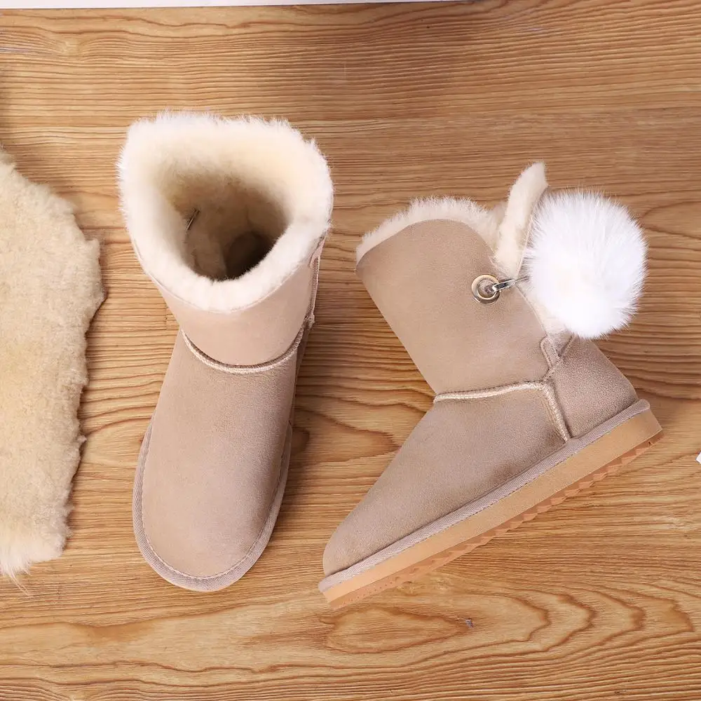 Женские замшевые ботинки FVMX с помпоном и стразами зимняя обувь из овечьей кожи