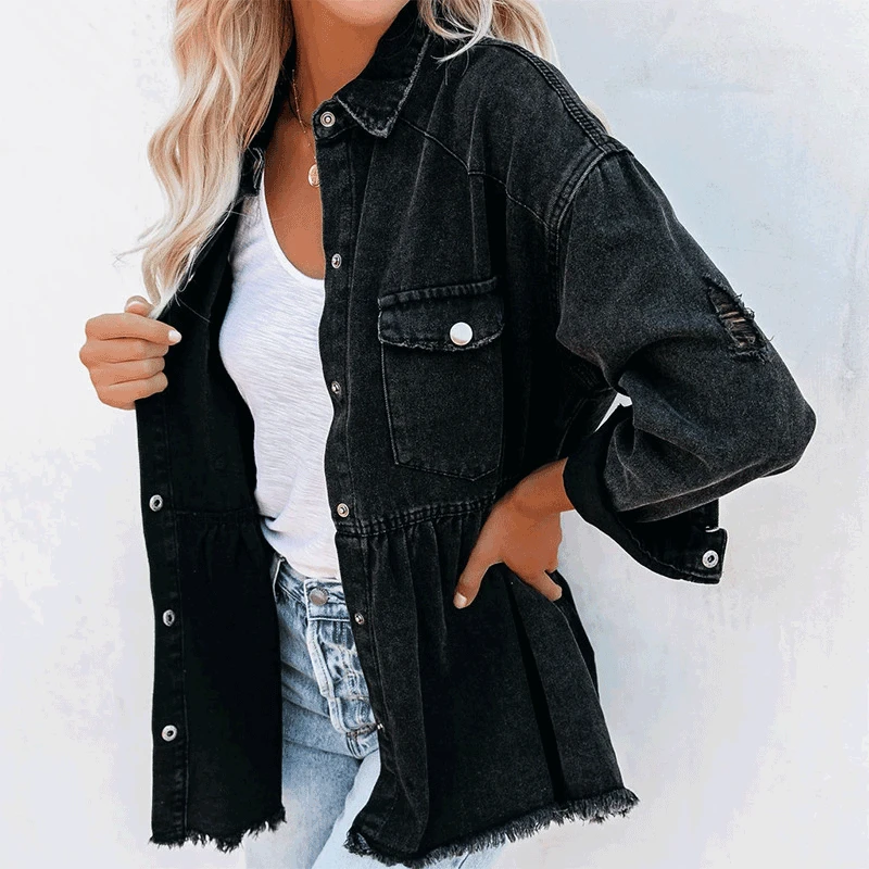 

Denim jacket with long sleeves and black raw edges