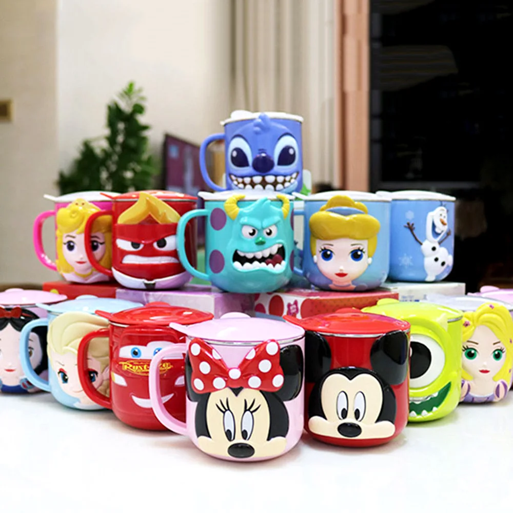 Disney Cartoon Water cups for children office home travel Stainless steel coffee mug Metal drinking mugs Boy Girl Gifts cup