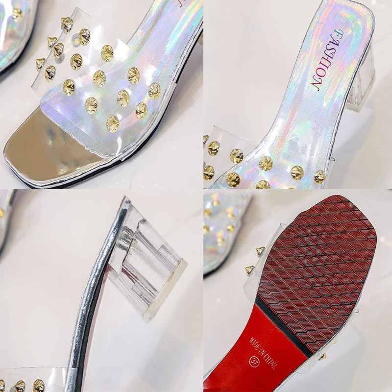 

Fashion Peep Toe Light Non-Slip Slides Korean Style Hollow Out Sandals Silver Rivet Rhinestone Transparent Square Heel Slippers