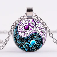 hot tibet cabochon glass pendant chain necklace ying yang butterfly gifts for men and women retro jewelry