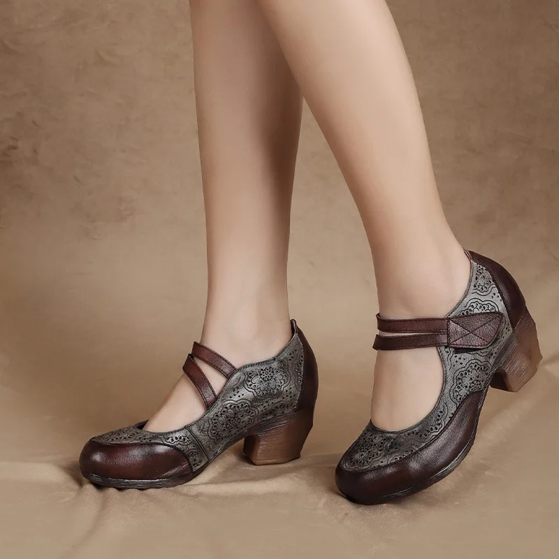 

Women Leather Pumps High Heels Mary Jane Shoes For Women Gray Embroidery Genuine Leather Women Pump Ankle Strap Shoe2021Handmade