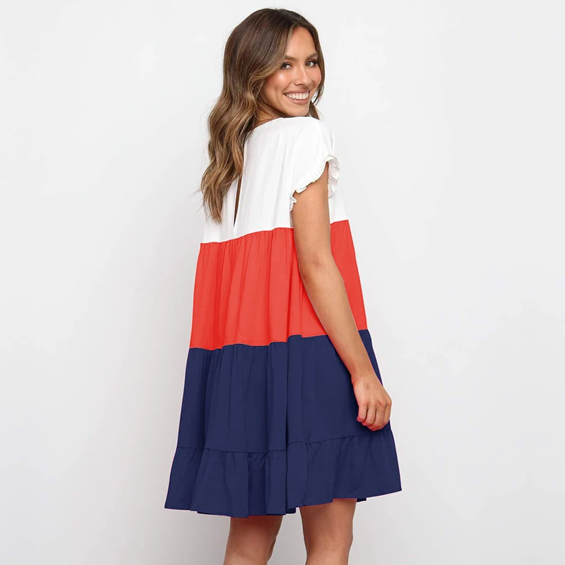 

2021 New Summer Loose Patchwork Color Dress Women Casual O Neck Short Sleeve Ladies Knee Length Oversize A Line Dress