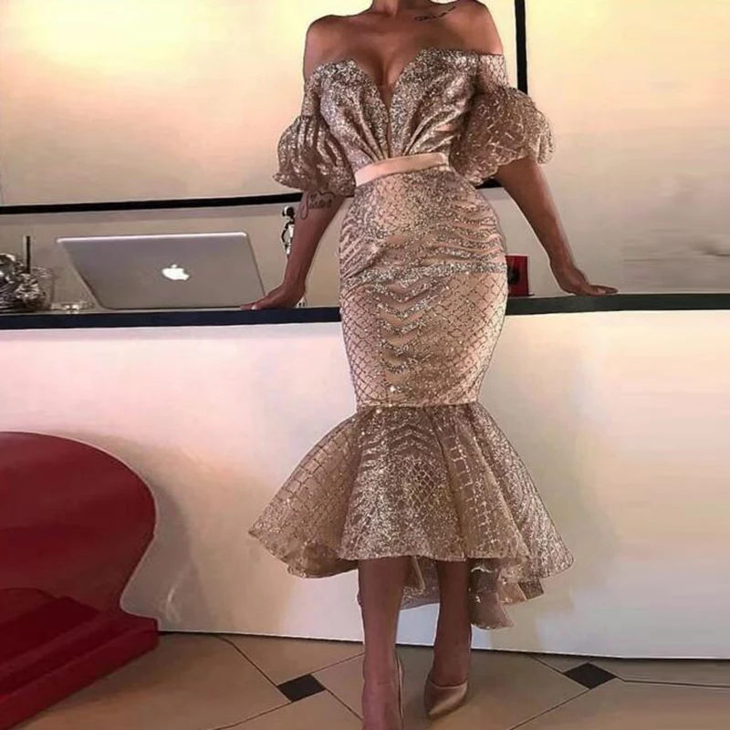 

2022 Fashion Champagne Evening Dresses Sexy Mermaid Off Shoulder Glitter Sparkly Arabic Dubai Women Formal Dresses Prom Gown