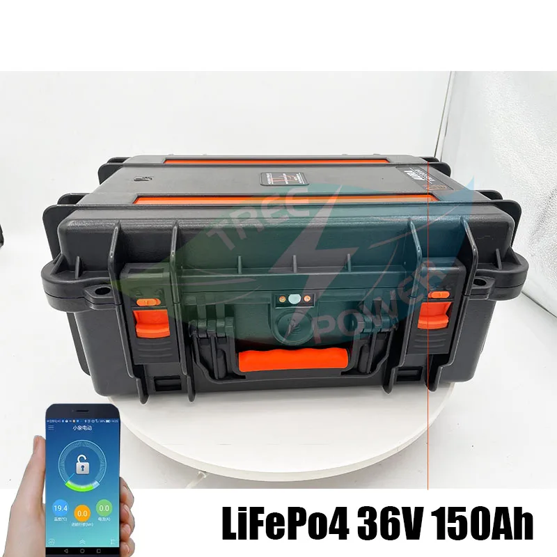 

Waterproof 36V 150Ah LiFepo4 lithium battery pack BMS with LED display USB fishing boats solar system motor EV RV+10A charger