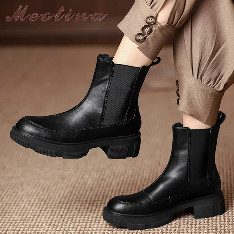 

Meotina Women Genuine Leather Ankle Boots Med Heel Round Toe Shoes Platform Thick Heel Ladies Short Boots Autumn Winter 40 Beige
