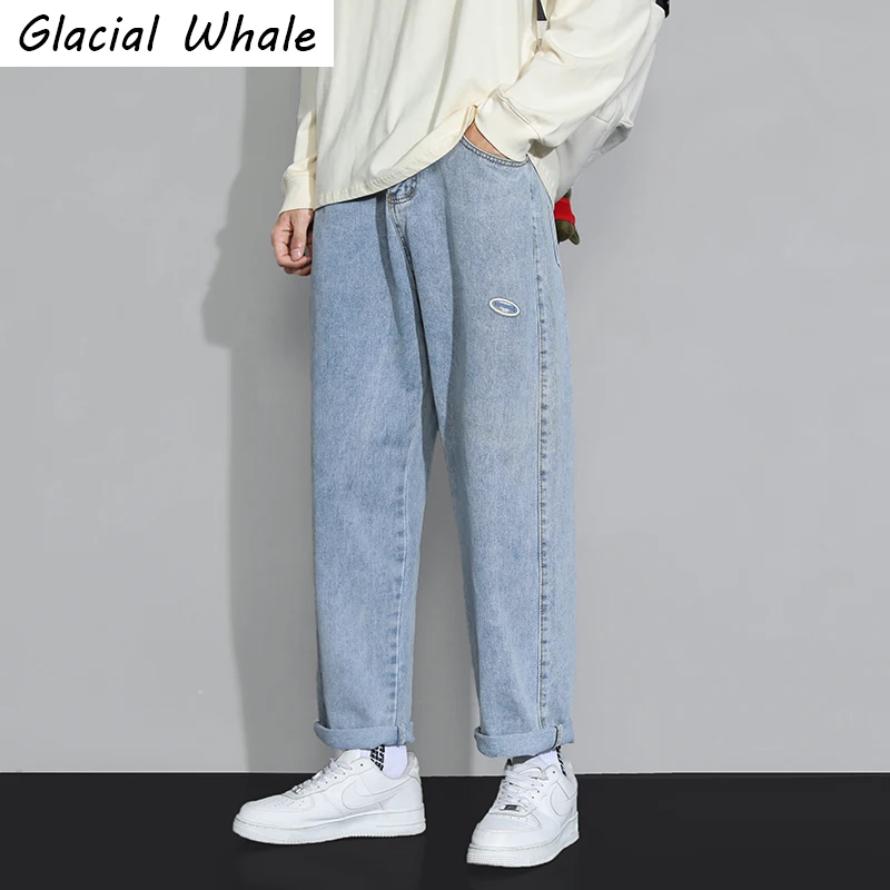 

Мужские прямые свободные джинсы GlacialWhale, модные однотонные джинсовые брюки 2021 года, Уличная одежда в стиле хип-хоп, повседневные синие широк...