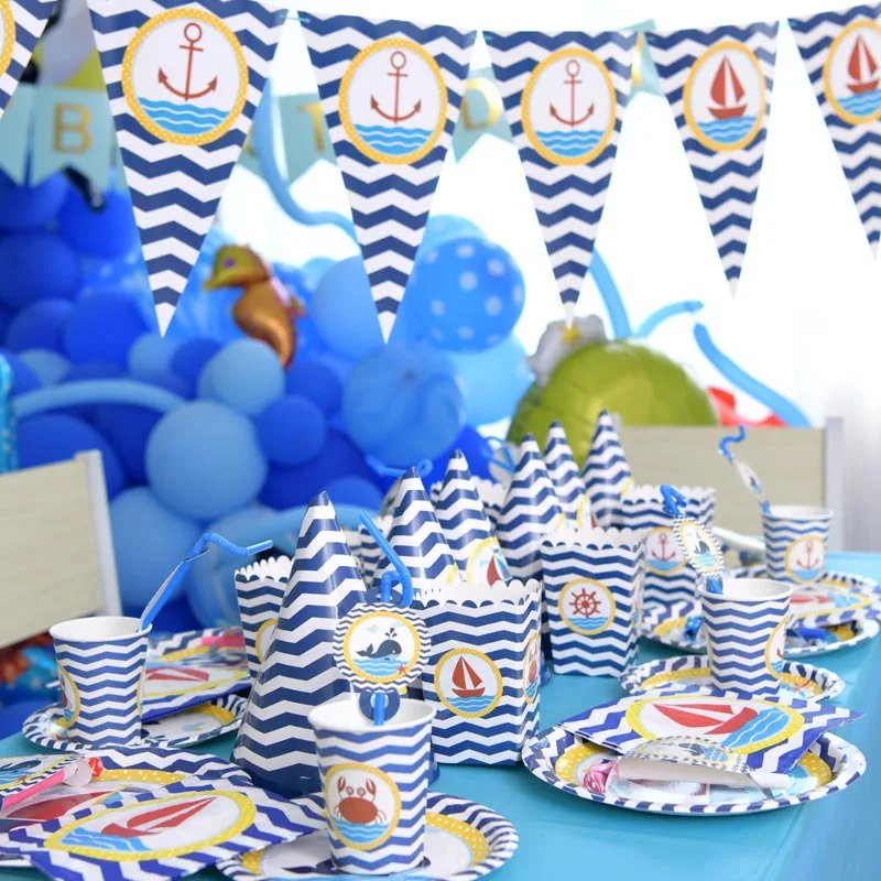 

New Cute Ocean Theme Birthday Party Decorations Disposable Tableware Kids Balloons Pompom Baby Shower Party Supplies