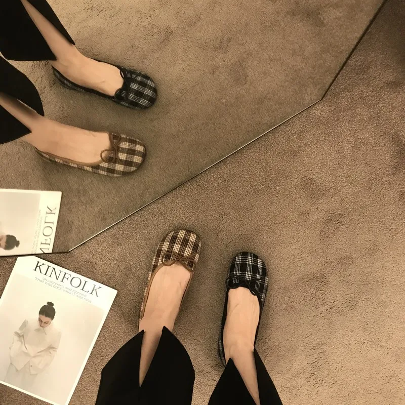 Балетки женские в ретро-стиле лоферы из ткани плоская подошва балетки с бантом