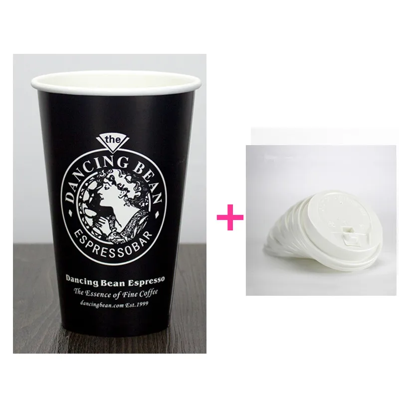 cup and white lid 50 шт., высокое качество, креативные одноразовые кофейные чашки, 300 мл, 400 мл, 500 мл, 700 мл, различная емкость, черные бумажные стаканчики для напитков с крышкой - Цвет: cup and white lid