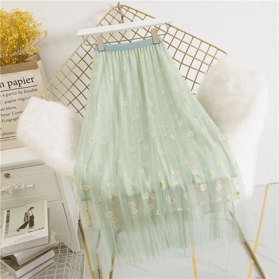 

2021 mesh Daisy floral high waist slim A-line skirt mid length skirt Korean pleated mesh skirt